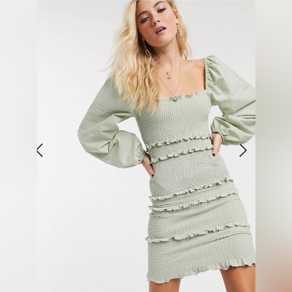 Topshop shirred long sleeve mini dress in sage green